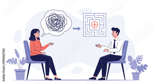 Psychological consultation helps a woman transform tangled thoughts into a structured path represented by a maze and a plus sign.
