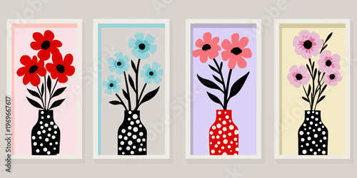 Four framed floral illustrations featuring simple stylized flower arrangements