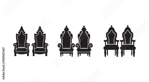 Set of ornate throne chairs in black silhouette on white background for design and decoration purposes  various elegant highbacked seats