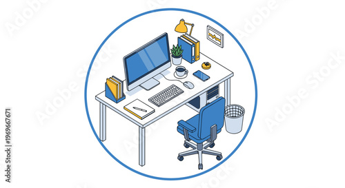 Modern workspace with computer monitor and office supplies arranged on a white desk inside a blue circular frame illustration.