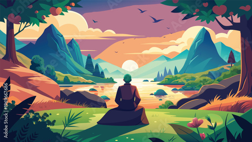 Person sits by a lake watching the sun set behind mountains in a colorful landscape