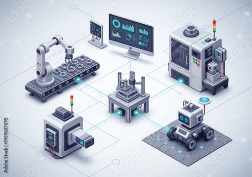 Robotic machines operate on assembly line with computer screens displaying data
