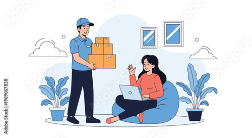Delivery worker brings packages to a woman working on her laptop while she relaxes on a blue beanbag chair in a bright room.