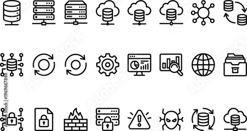 Data Security and Cloud Computing Icon Set Featuring Database, Network, Protection, Cybersecurity, Storage, Server, and Digital Technology Line Vector Illustrations