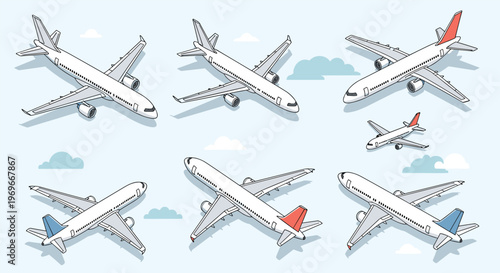 Collection of white commercial airplanes flying in a clear blue sky with stylized clouds shown from an isometric perspective.