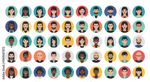 Diverse set of avatar icons representing people of various ethnicities and styles arranged in a neat grid for web design.
