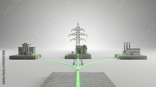 Electric grid connecting hospital home and factory through transmission tower showcasing resilient energy distribution for essential services