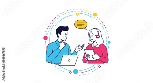 Professional man and woman discuss a project using a laptop and tablet within a circular frame decorated with colorful icons.