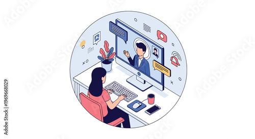 Young woman sits at her desk and watches an online educational video lecture or attends a virtual meeting on her computer monitor.