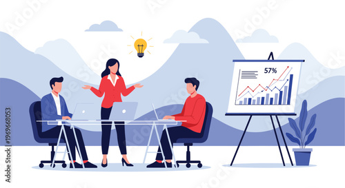 Business woman gives a presentation to her team using a whiteboard with growth charts while colleagues work on their laptops.