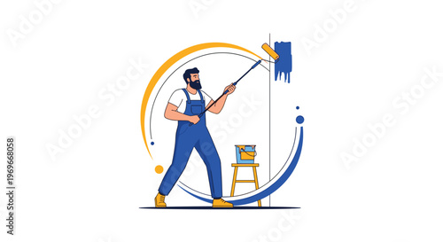 Professional painter in blue overalls uses a long roller to apply blue paint to a white wall during a home renovation project.