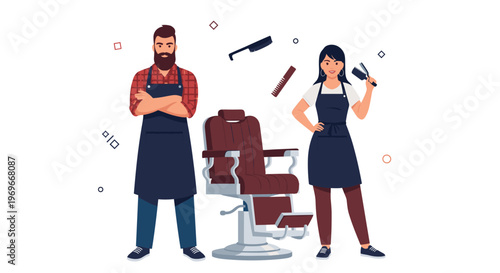 Male and female barbers stand next to a barber chair with various hair cutting tools floating in the background for a salon.