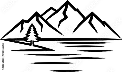Stylized mountain range with tree and reflecting water