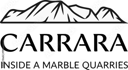 Stylized mountains above bold text about marble quarries