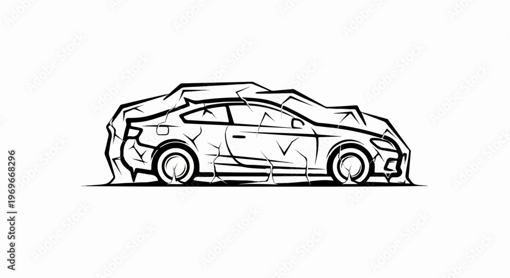 Naklejka premium Stylized outline of a car covered in a cracked, crumpled material