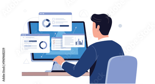Man sitting at his computer monitor works with multiple data dashboards showing charts and financial statistics in an office.