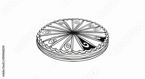 Stylized outline drawing of a round dessert with decorative swirling patterns