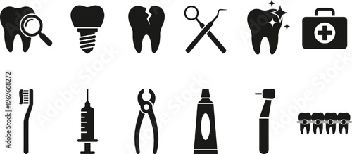 Dental Care and Medical Tools Icons Set Featuring Tooth, Implants, Hygiene, Equipment, and Oral Health for Dentistry Websites and Clinics