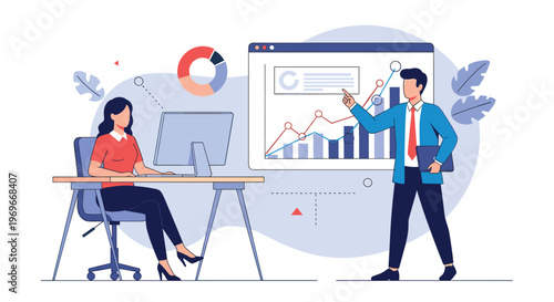 Business man gives a presentation on a large digital screen while a colleague works at her desk in a modern corporate office.