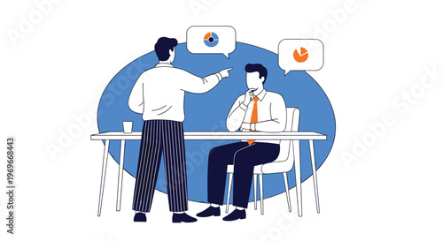 One businessman points at a data chart while explaining a strategy to his seated colleague at a desk in a clean office environment.