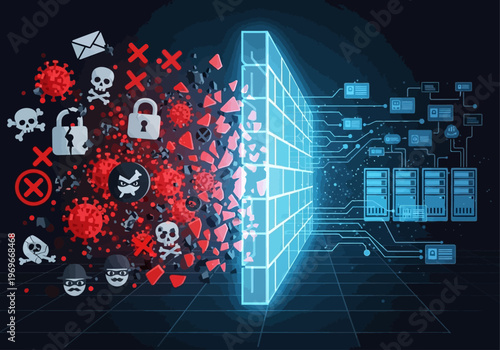 Malware symbols crash into a secure server firewall in a dark digital environment with code and circuit boards.
