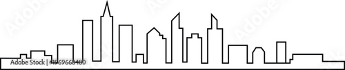 Simplified black and white continuous line drawing of a city skyline with various building heights and shapes