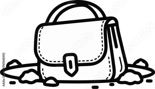 Stylized outline of a shoulder bag with a buckle, amidst scattered stones