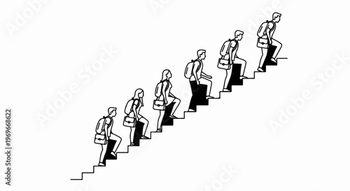 Stylized outline of people climbing stairs with backpacks and satchels