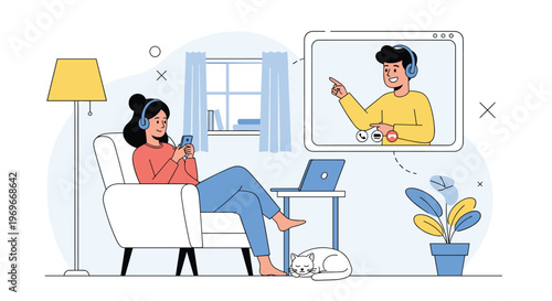 Woman wearing headphones sitting in an armchair while having a video call with a man displayed on a large digital screen.