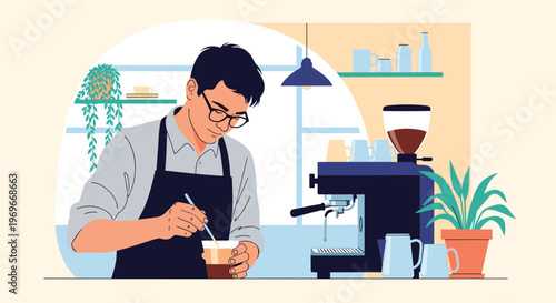 Male barista wearing glasses and an apron focused on preparing a latte or cappuccino at a coffee machine in a cafe.