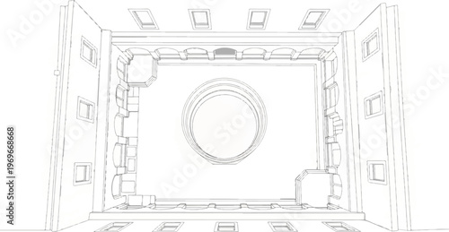 Stylized outline sketch of a large circular window within a grand hall