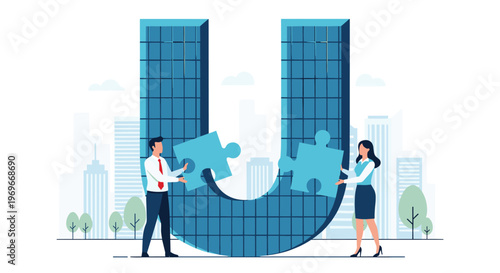 Businessman and businesswoman placing large puzzle pieces into a giant letter U against a city skyline background to symbolize unity.
