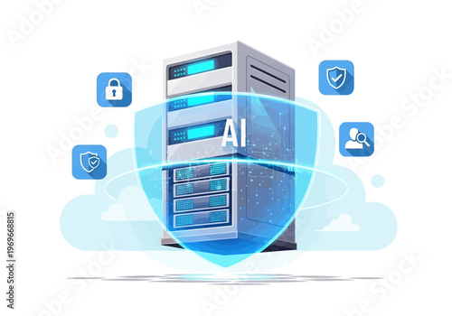 A large server protected by a shield with security icons floating around it in the cloud