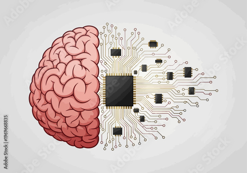 Brain merges with microchip circuit board illustration showing technology integration
