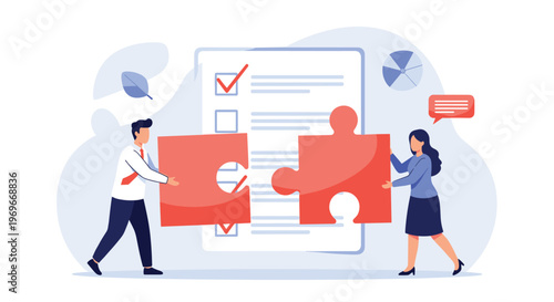 Businessman and businesswoman working together to fit two large red puzzle pieces against the backdrop of a checklist document.