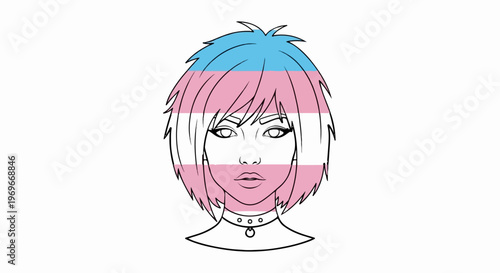 Stylized portrait of a person with short, spiky hair colored with transgender flag stripes
