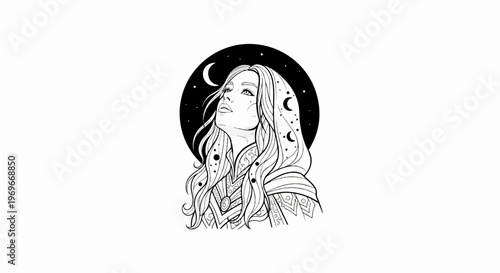 Stylized portrait of a woman looking up against a starry night sky