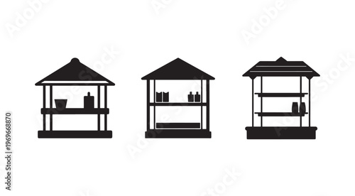 Set of three black silhouettes of market food stands with various products on shelves  outdoor vendor stalls with roofs and shelves