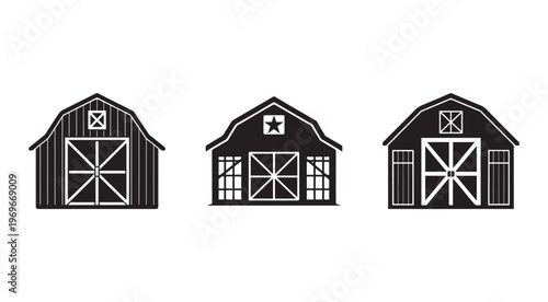 Set of three different black silhouettes of barns with white details on white background  farm buildings