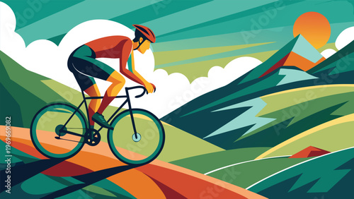 Cyclist rides along a mountain path during sunset with colorful landscape and low clouds in the background