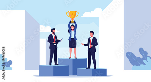 Successful businesswoman standing on the top step of a podium holding a golden trophy with two businessmen cheering her on.