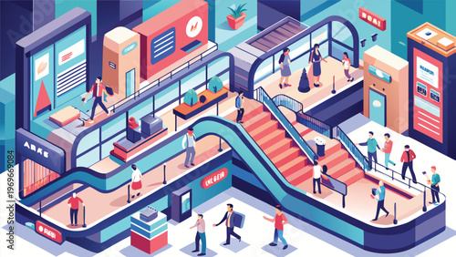 People moving through a busy shopping center with multiple levels and escalators during daytime