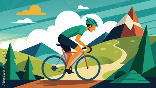 Biker rides along a winding path through mountains and trees on a sunny day in a vibrant landscape