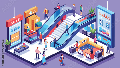 Visitors navigate through a modern shopping mall with escalators and various stores during a busy weekday afternoon