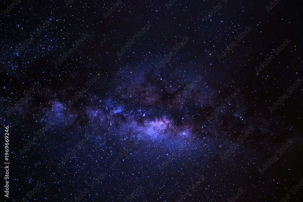 Fototapeta premium Night sky space background, Starry universe in dark blue sky, Milky way galaxy with stardust field in deep universe.