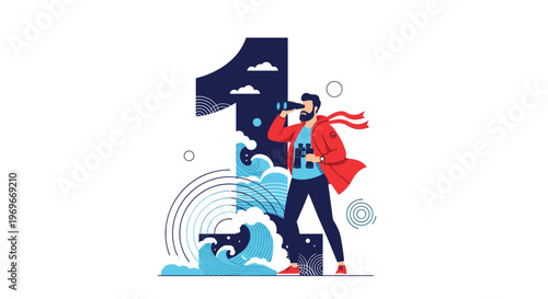 Man wearing a red jacket using binoculars to look out from a giant number one filled with waves and clouds during his adventure.