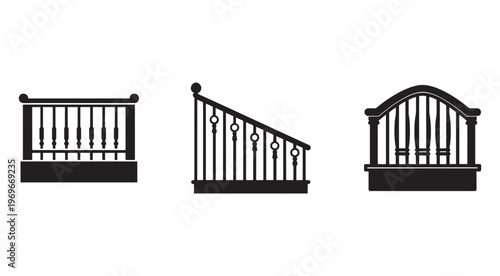 Set of three different railing designs for stairs and balconies with various shapes and patterns  home and building decorative elements