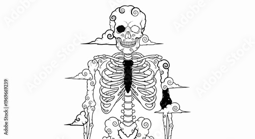 Stylized skeleton with swirling clouds forming bone structures and extremities