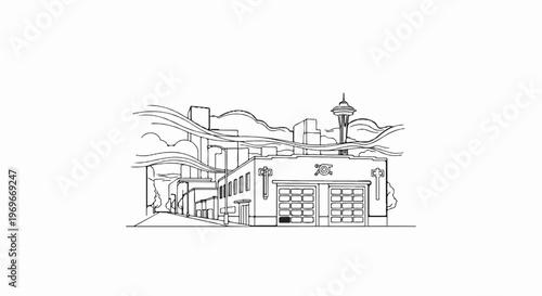 Stylized sketch of a fire station in a city with a notable tower in background