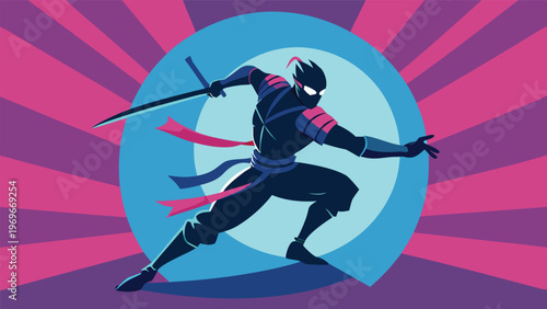 Ninja in action with sword against colorful background during a vibrant display